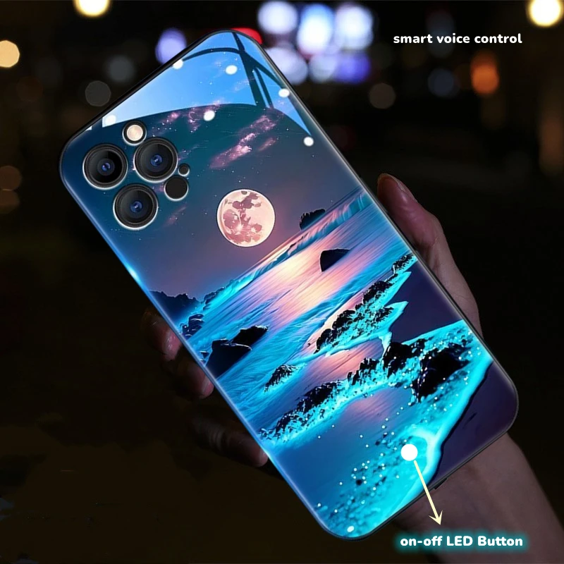 thumbnail image 1 of Botón de encendido y apagado, funda de Flash DE LUZ DE MONTAJE estético artístico para iPhone 14 15 Plus 13 12 11 Pro Max X XR XS, funda de cristal luminosa con paisaje, 1 of 4