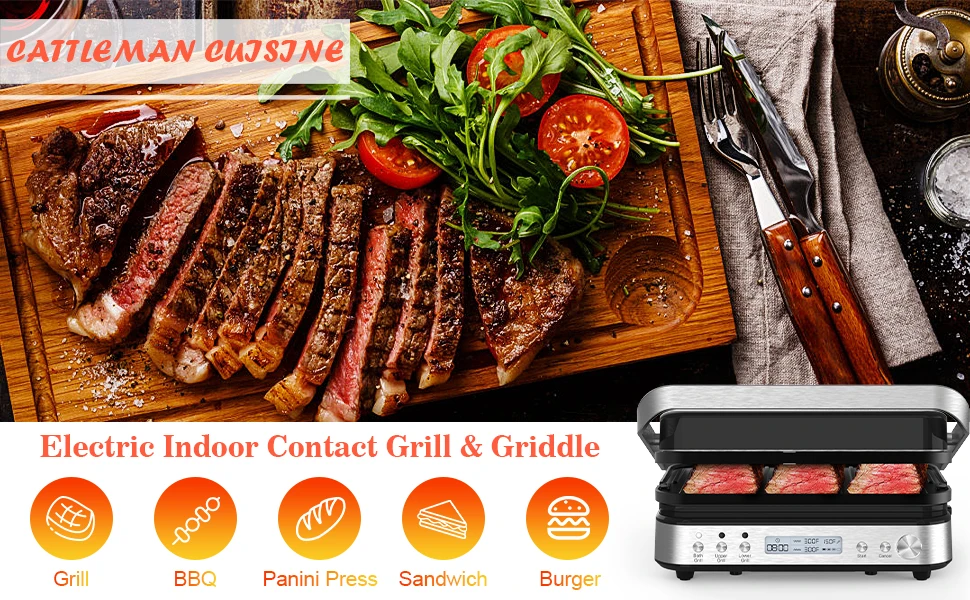 Description Picture 2 of itemPress Grill Sandwich Maker with Removable Plates, 5 in 1 Smokeless Indoor Grill & Griddle with Meat Thermometer, CATTLEMAN CUISI