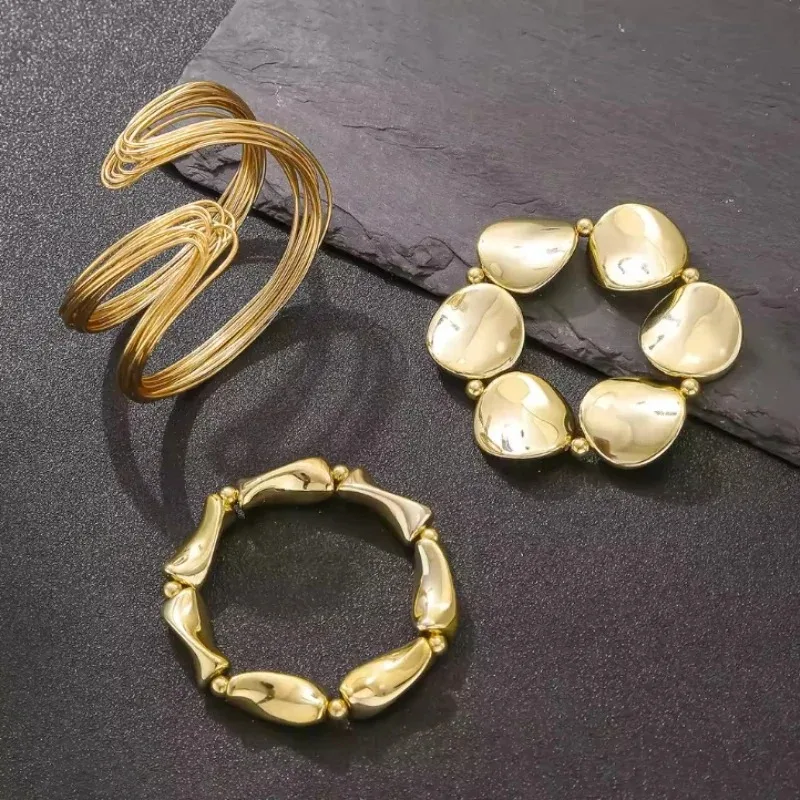 3 Pcs/set Geometric Twisted Lines Irregular Shaped Open Cuff Bracelet and Bangle Set for Women Punk Exaggerated Style Accessor