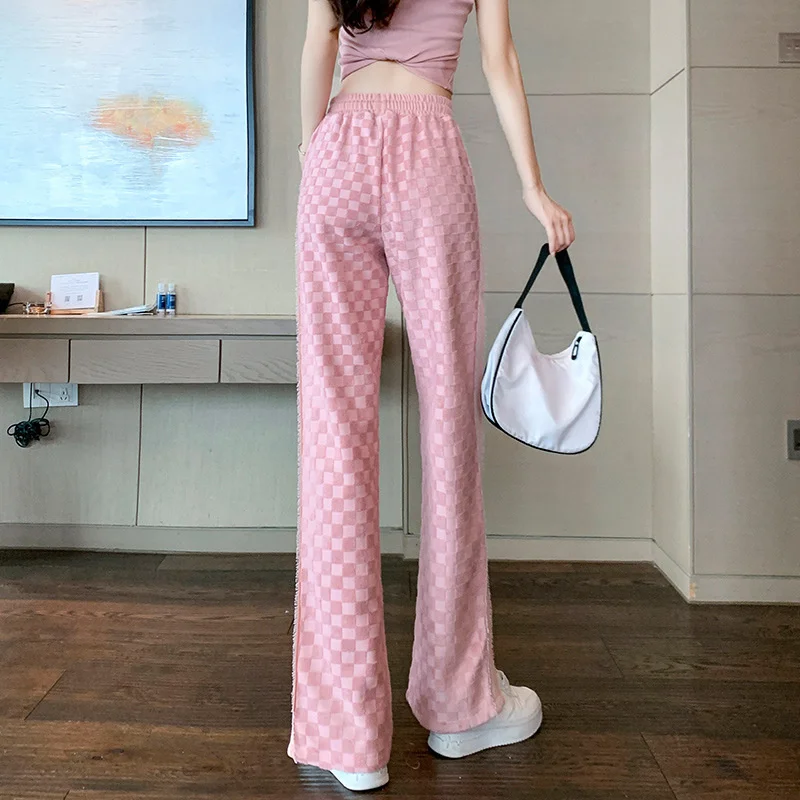 Pink Checkerboard Wide leg Pants Plaid Pants Straight  High Waist Women Spring Autumn Thickened Loose Korea Fashion Sweet Pants