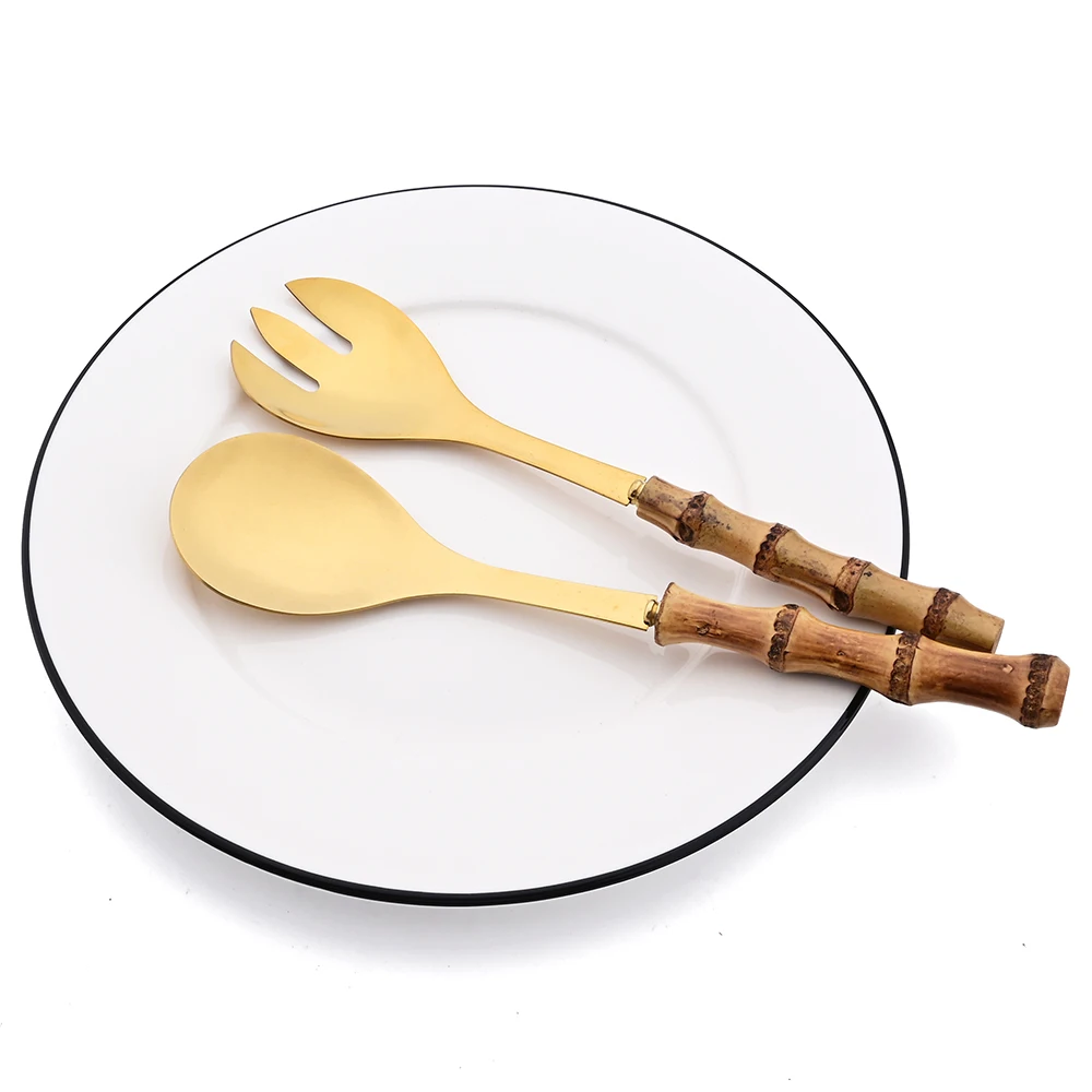 2/4Pcs Long Handle Serving Spoon Serving Spoon Dinnerware Set Bamboo Wooden Handle Salad Spoon Fork Stainless Steel Tableware Kitchen Cutlery Set
