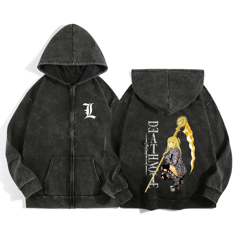 Anime Jacket Hoodie Harajuku Retro Washed Zip Up Hoodie Anime