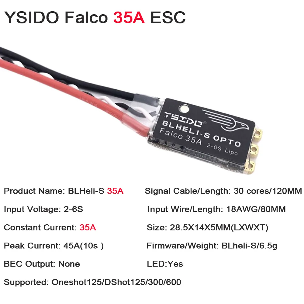 YSIDO Falco 브러시리스 전자 컨트롤러, 드론용 LED 조명 지지대, DSHOT125, 300/600, 35A, 45A, BLHeli_S ESC 2-6S Lipo