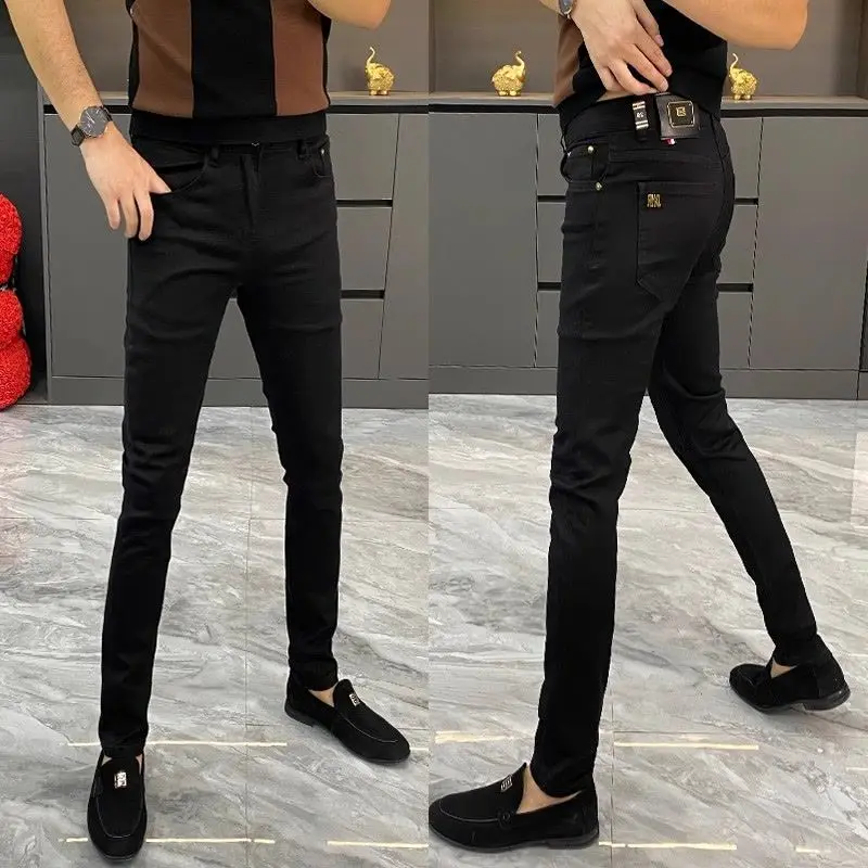 White Jeans Men's European Goods 2025 Summer New Fashion Motorcycle Boots Simple Slim Fit Elastic Versatile Small Feet Trousers 2