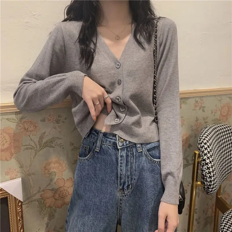 

2023 Autumn and Winter Women's V-neck Button Screw Thread Solid Loose Cardigan Casual Fashion Elegant Commuter Long Sleeve Tops