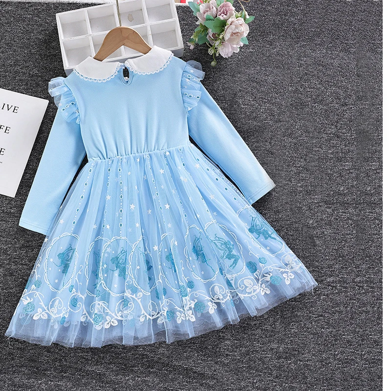 Nowa sukienka księżniczki Disney sukienka dla dziewczynek wiosenna jesienna sukienka z długimi rękawami na ubrania dla dzieci Elsa Frozen Party Dress 2-8Y