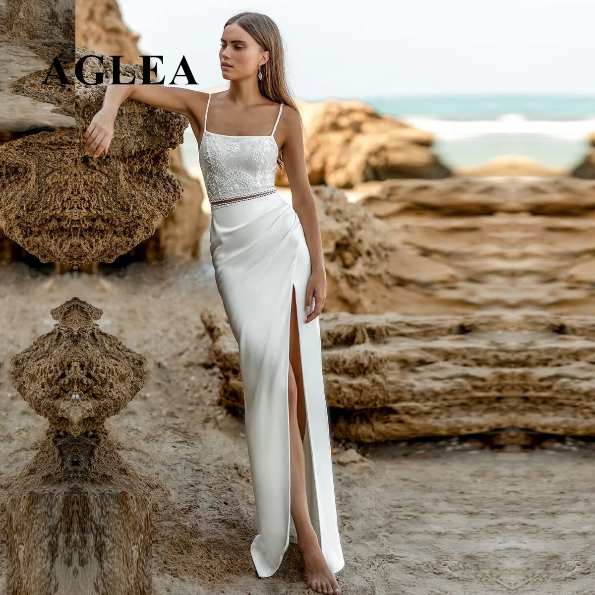 

AGLEA Wedding Dresses for Women 2022 Bride Spaghetti Straps Sheath Boho Gowns שמלת טראש כלה Amanda Novias Abito Sposa Semplice