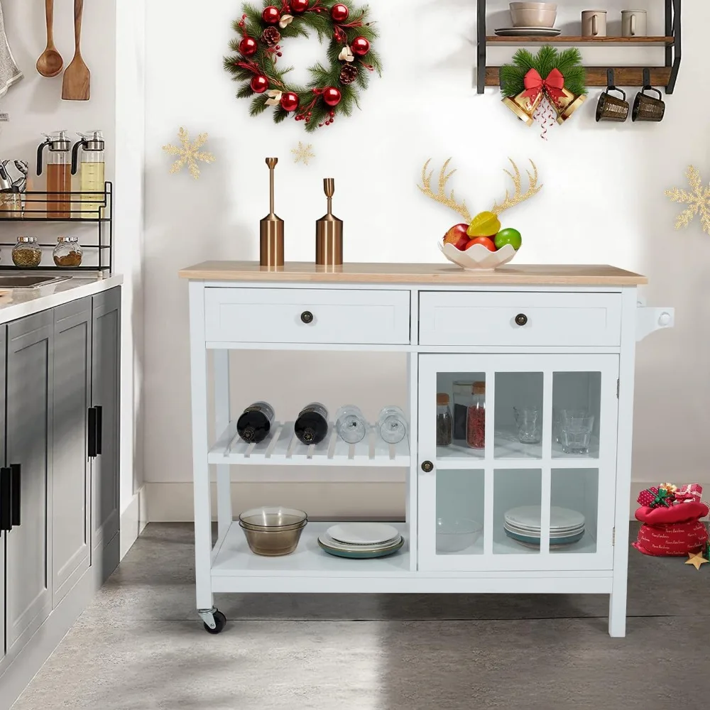 42" Kitchen Island Cart on Wheels, Rolling Storage Cabinet Station with Solid Wood Top, 2 Drawers, Towel Rack, Open Display Shel 2