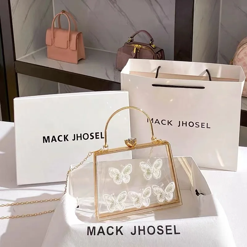 High Quality Transparent Acrylic Box Square Bag Appliques Bow Women Fashion Handbag Lady Purse Female Shoulder Crossbody Bag