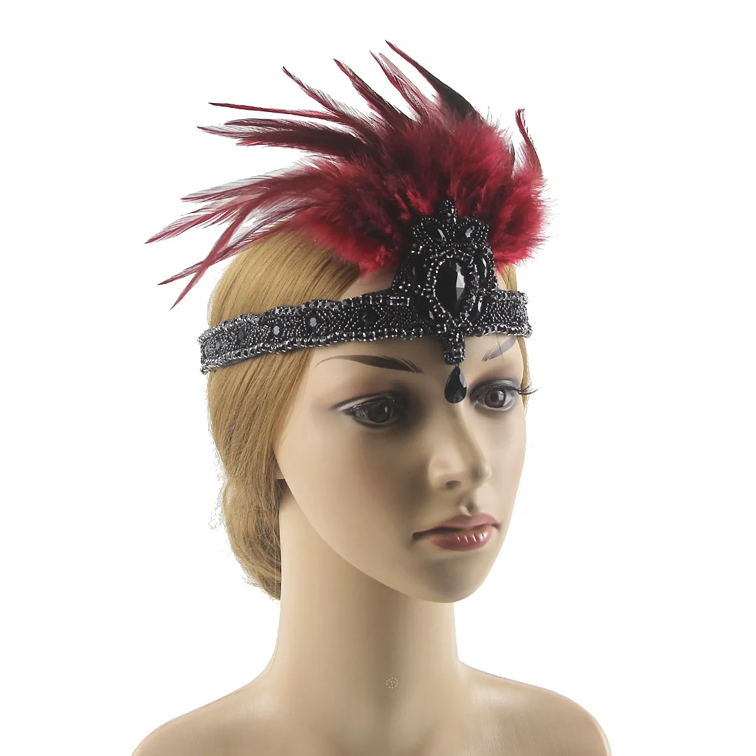 Vintage Silver Beaded 20s Headpiece 1920s Gatsby Flapper Black Wine Navy Crystal Feather Headband Party Look Accessory art deco gold black chic elegant 1020 s great the gatsby pattern retro vintage beautiful scale shaped decor decorati mini skirt