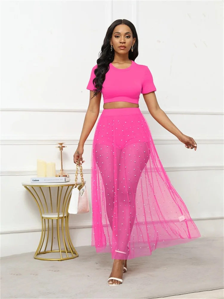 Wmstar Two Piece Dress Set Women S-2XL Summer Solid Short Sleeve Top Mesh Skirts Matching Suit Wholesale Drop Shipping 2024