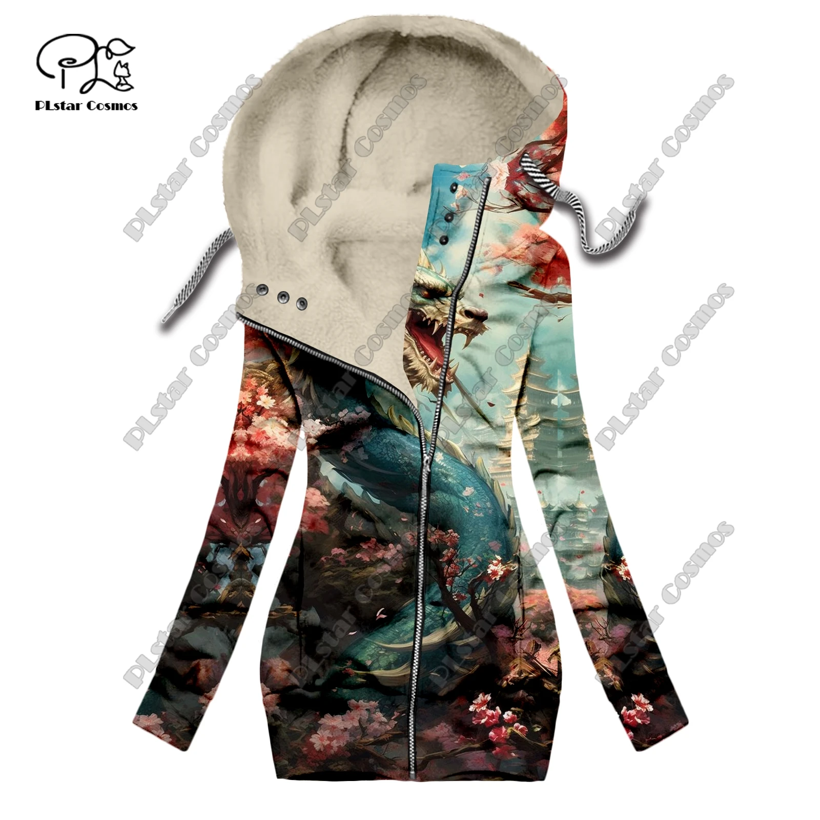 New 3D printing animal series dragon cloud pattern velvet warm women's long zipper hoodie jacket commuting casual winter
