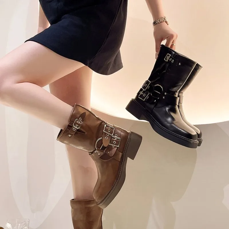 

Autumn Winter Square Toe Woman Ankle Boots Fashion buckle Ladies Elegant Thick High Heel Short Boots Shoes Black Women's Boots