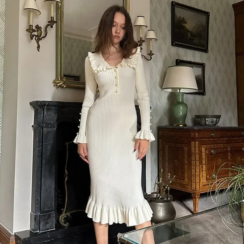 Ruffle Knitted  Maxi Dress Elegant French Style 2023 Autumn Winter Slim Long Sleeve High Waist Button Vintage Dresses Partywear