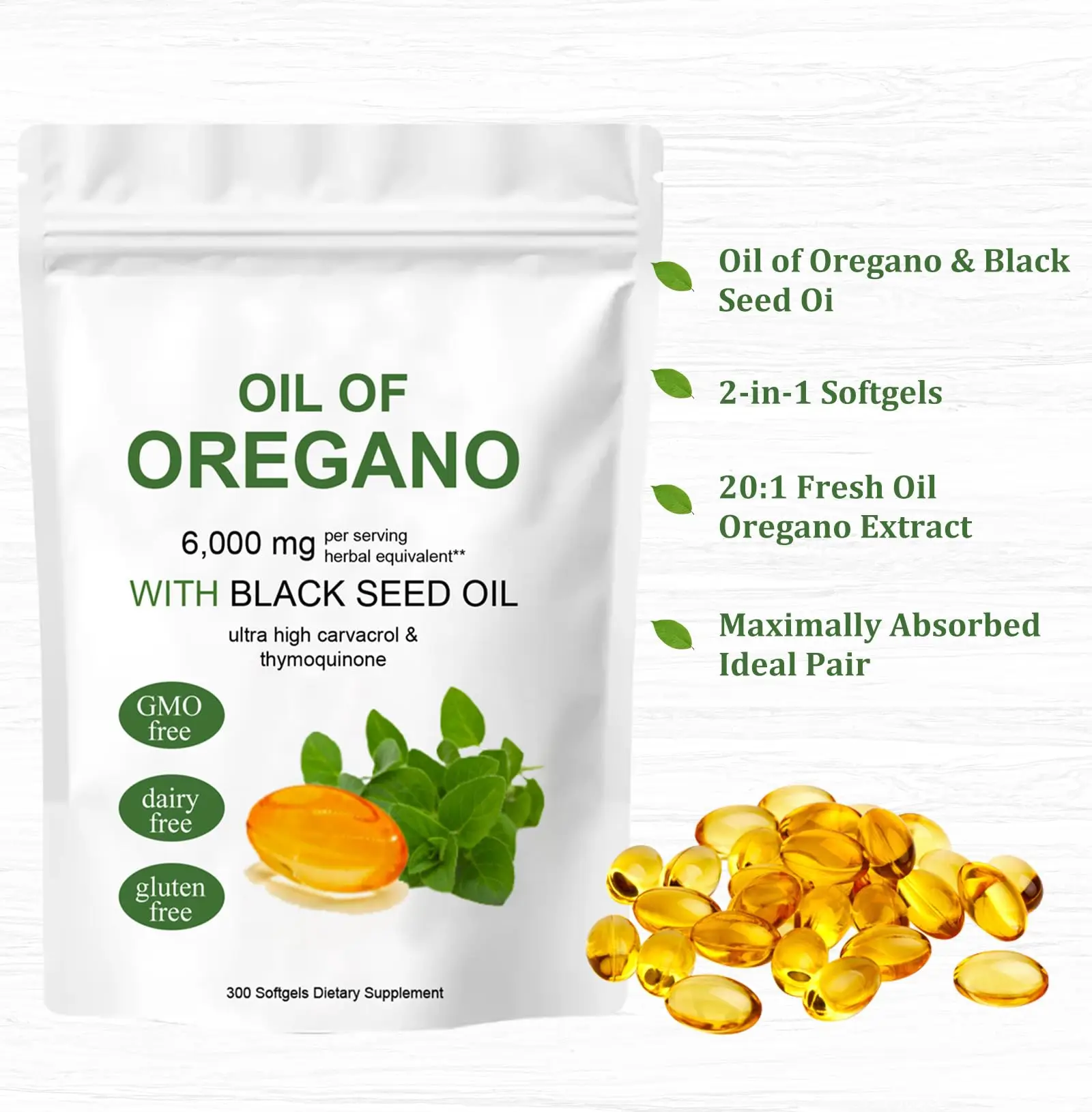 Oil of Oregano Softgels 2 in 1 6000mg Oregano Oil Supplement Capsules with Black Seed 200mg Non-GMO Gluten Free 300 Capsule organic capsules