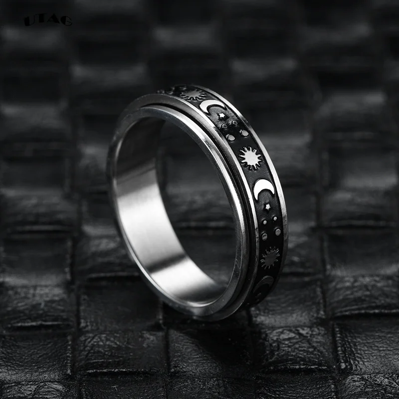 UTAG Stainless Steel Spinner Ring for Women Mens Fidget Band Rings Moon Star Celtic Stress Relieving Wide Wedding Anxiety Rings 2