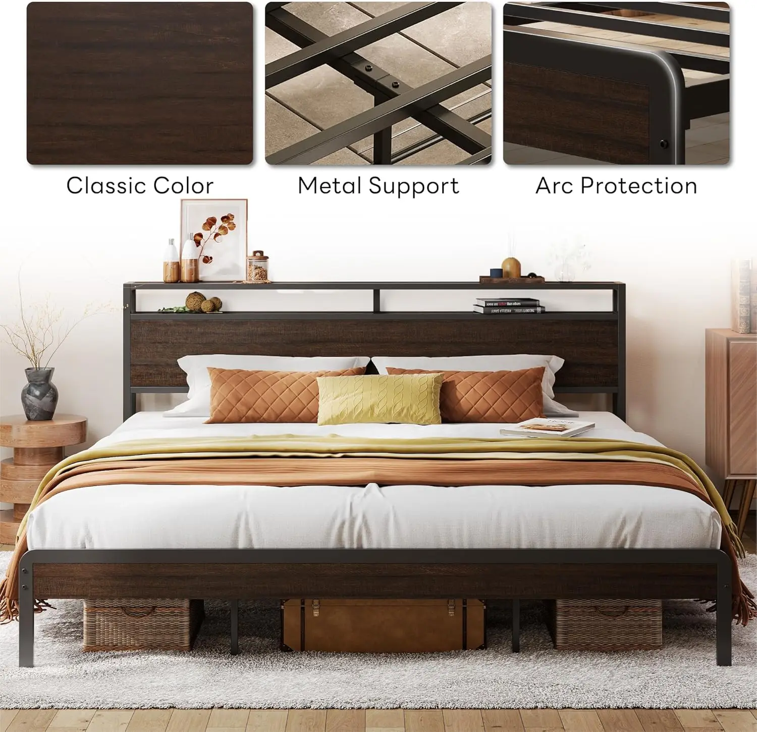 King Bed Frame with Headboard, Dark Wood Camas King with Strong Supports, Sturdy, Noise-Free, No Box Spring Needed, Dark Brown