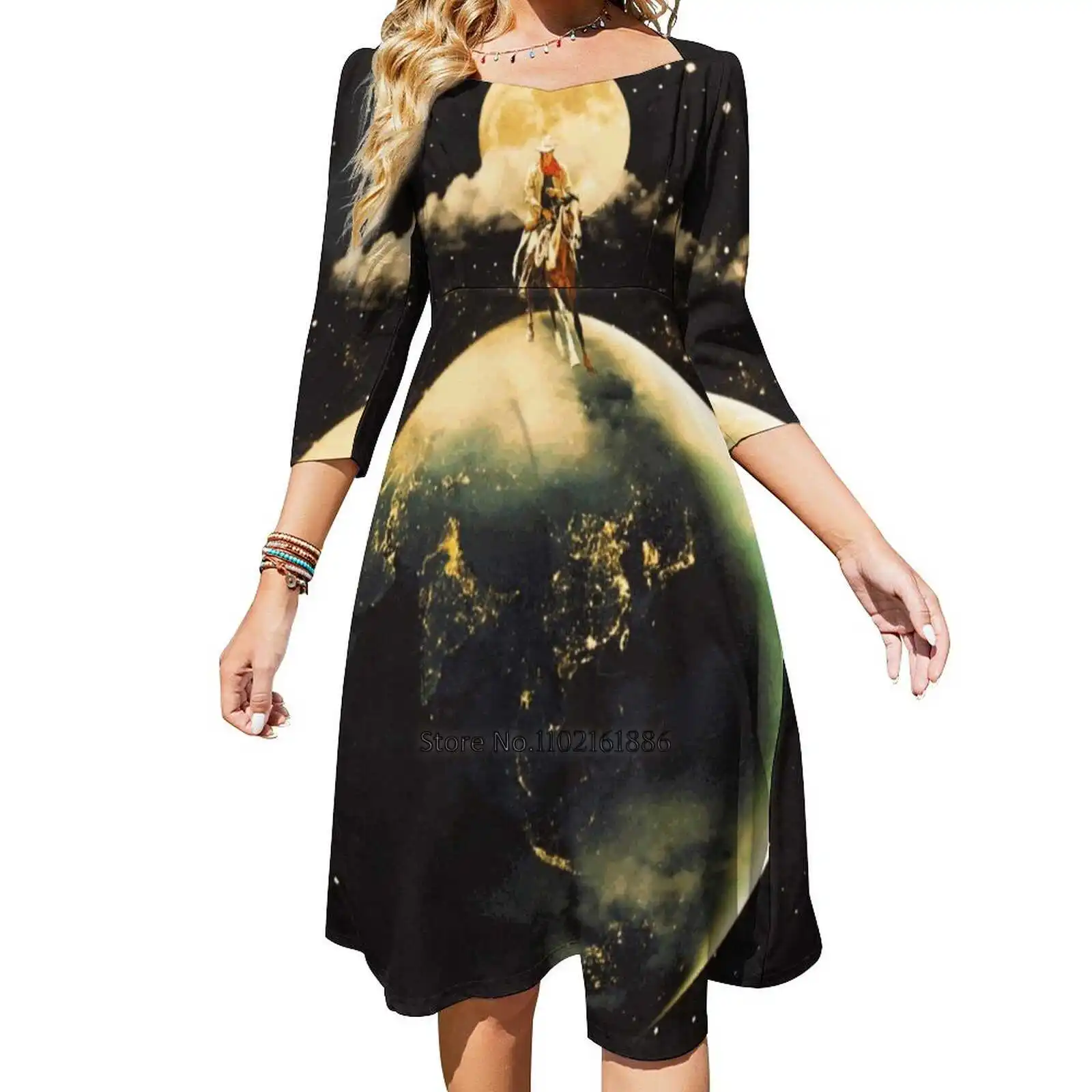 

Cowboy In Space Back Lacing Backless Dress Square Neck New Plus Size Elegant Women Dress Collage Collage Art Vintage Surrealism