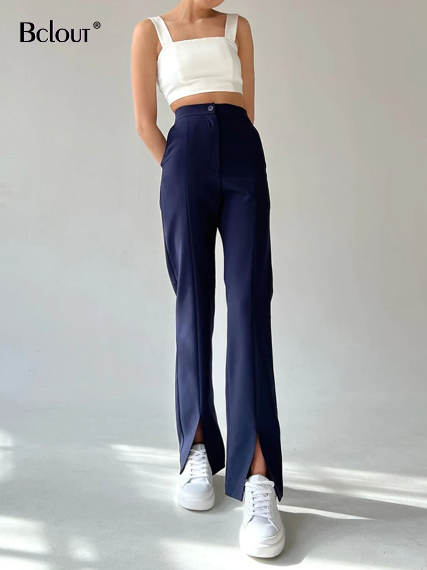 

Bclout Элегантные Синие брюки с разрезом для женщин 2023 летние офисные женские длинные брюки с высокой талией модные однотонные строгие плиссированные прямые брюки