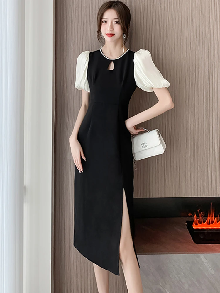 

Летнее черное лоскутное платье с пышными рукавами и бисером, роскошное женское корейское винтажное длинное платье в стиле Хепберн, элегантное вечернее платье 2024