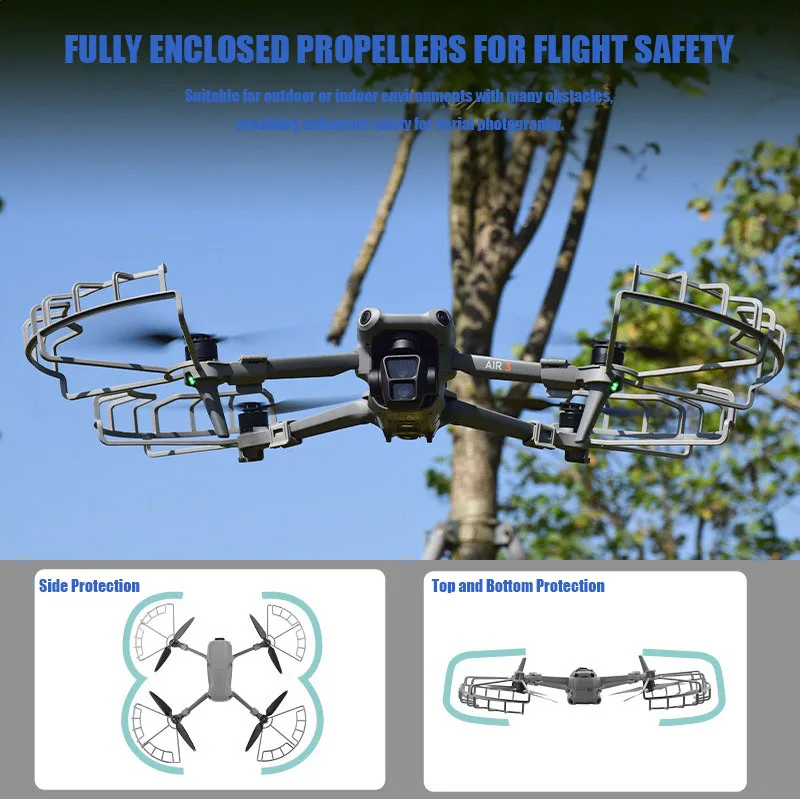 Protège-pales DJI Air 3 vue de côté, housse anti-collision avec fermeture éclair et sangle de transport