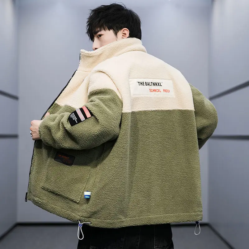 

Lamb Cashmere Coat Youth Stitching Thick Jacket Men's Autumn and Winter Color Blocking Plush Thickened Zipper Cardigans Men Tops