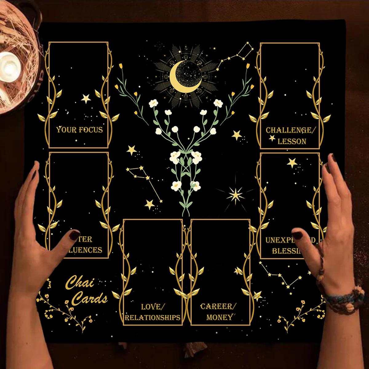 Golden Celtic Cross Tarot Table Cloth Altar Cloth Moon Starry Sky Vibrant Floral Divination Tablecloth For Tarot Mat Witchy Home