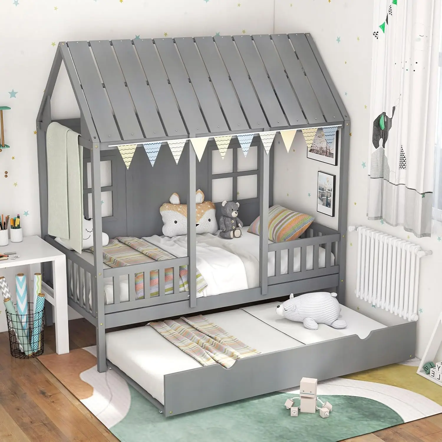 Twin House Bed with Trundle Kids Bed Frame with 82" Tall Roof Windows and Guardrail Wooden Playhouse for Teens