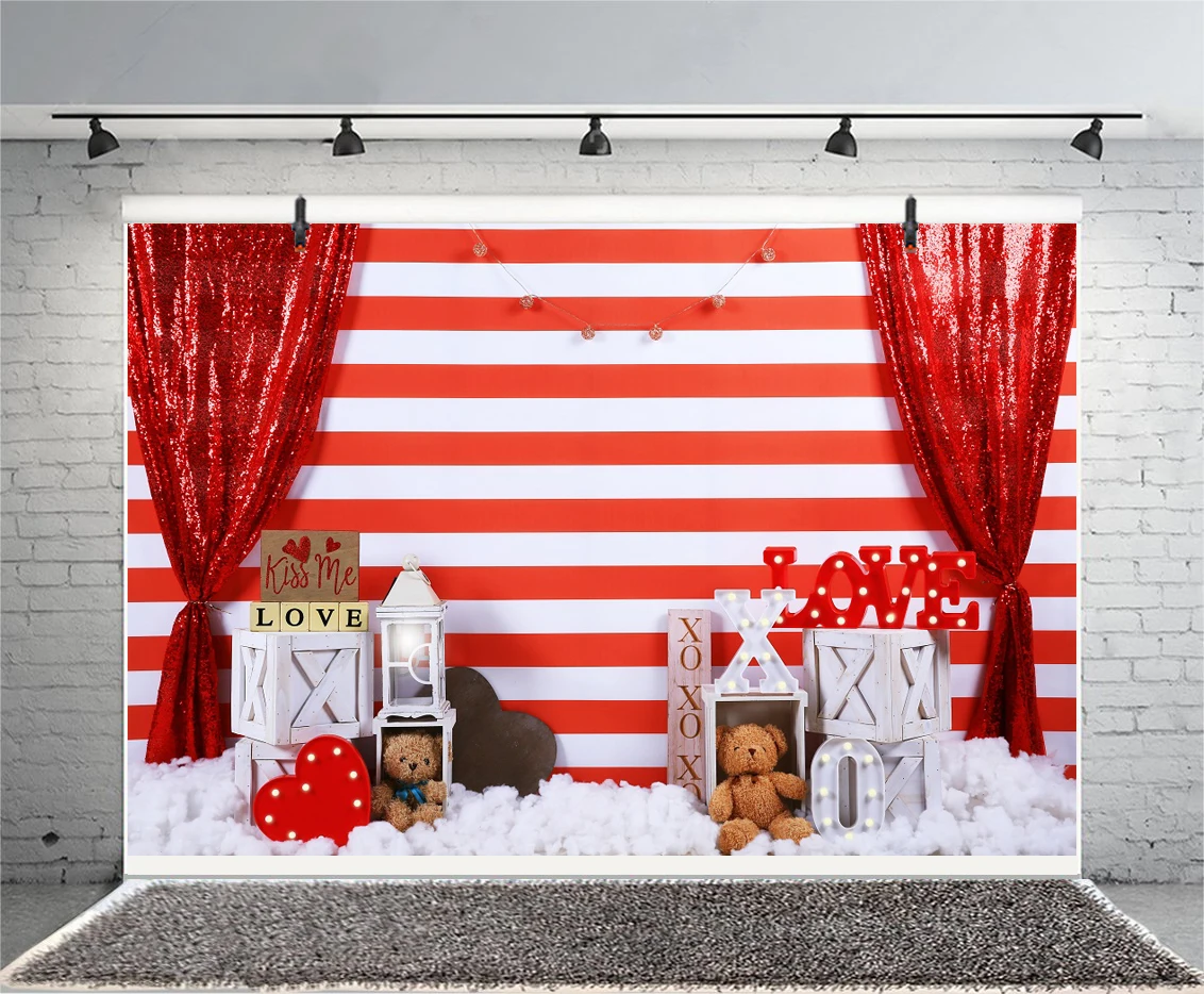 Valentines Day Backdrops Red White Strips Love Heart Bear Photography Background Party Decor Photo Studio Props W-63
