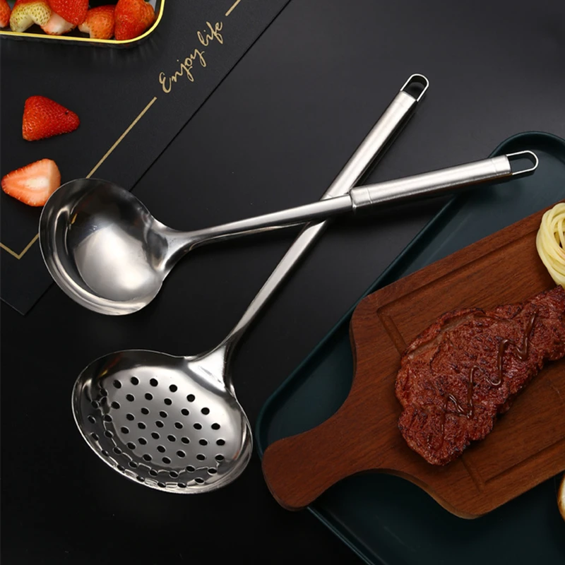 Description Picture 5 of item304 Stainless Steel Soup Ladle Enlarge Oil Skimmer Ramen Scoop Multifunctional Leaky Hole Pasta Strainer Kitchen Utensils