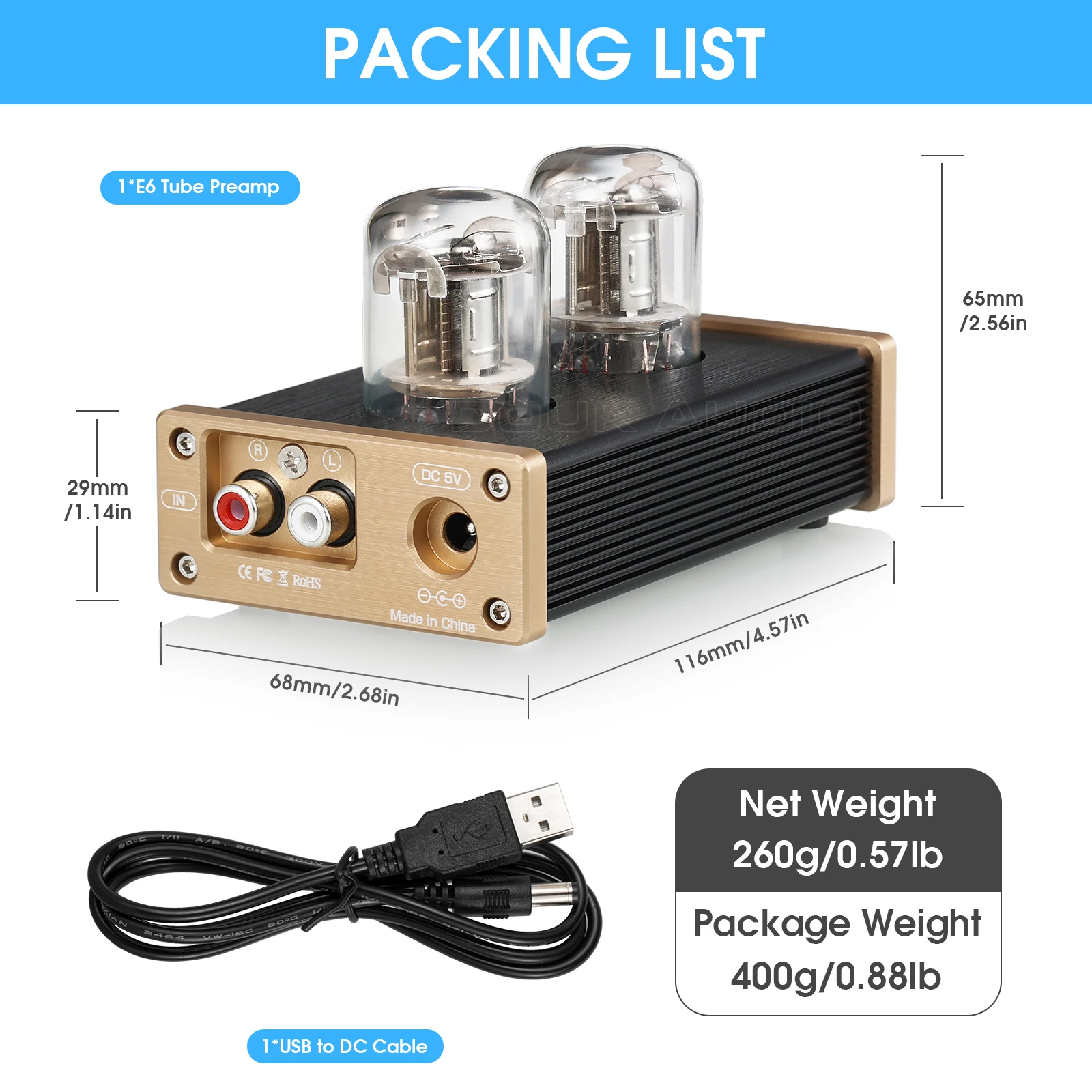 Douk Audio E6 Direct Heated Vacuum Tube Preamp Class A Stereo Audio Pre-Amplifier 6