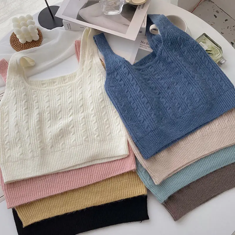 Sweater Vests Women Sleeveless Chic Crops Femme Student Candy Color Korean Version Solid All-match Sweet Style Streetwear Inside