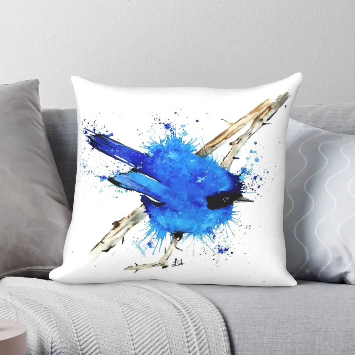 

Blue Bird Fairy Wren Pillowcase Polyester Linen Velvet Creative Zip Decor Sofa Cushion Cover