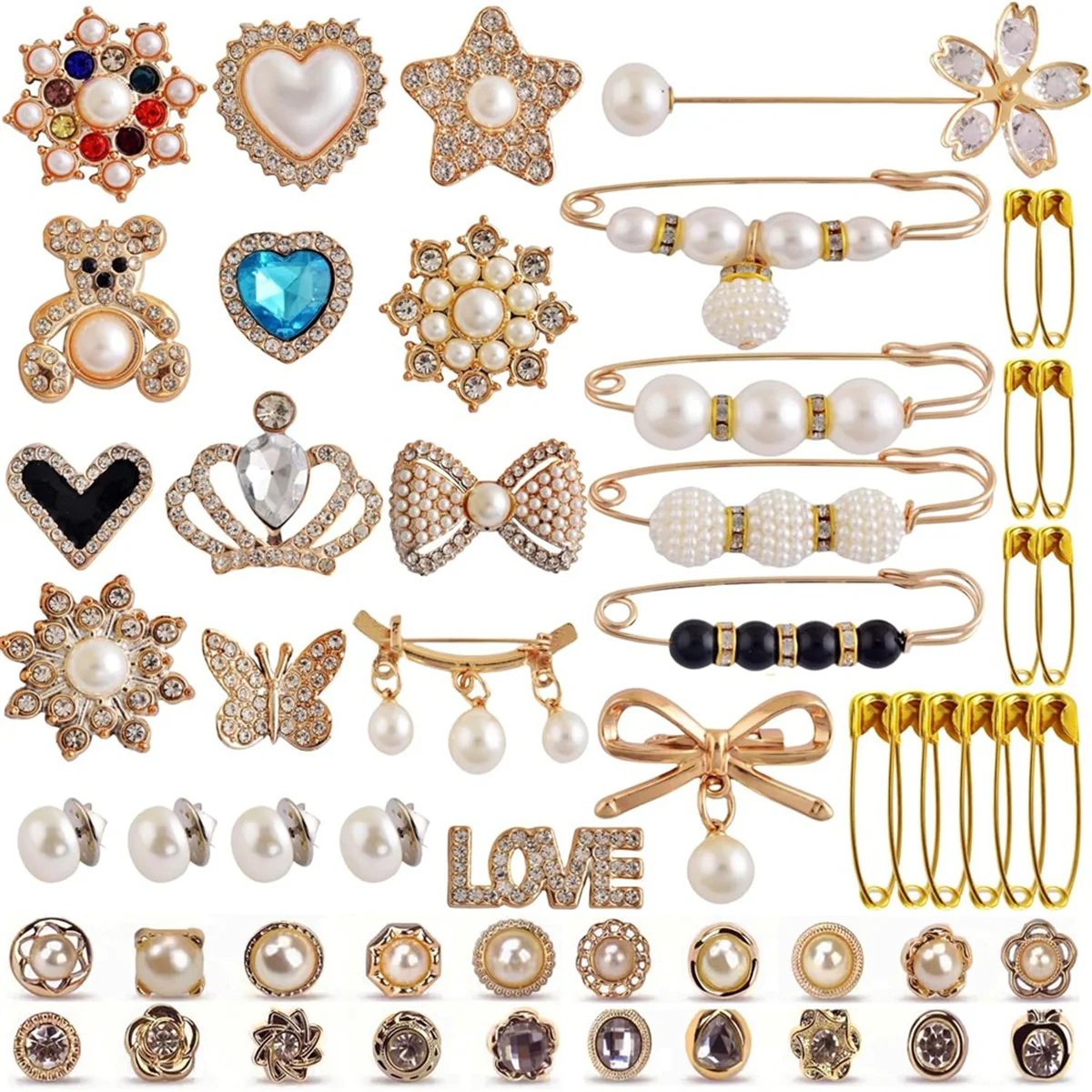 A04R-55pcs Junk Sock Charms Pins Gold Bling Sock Jewelry Charms,Brooch Pins for Socks,Pearl Rhinestone Brooch