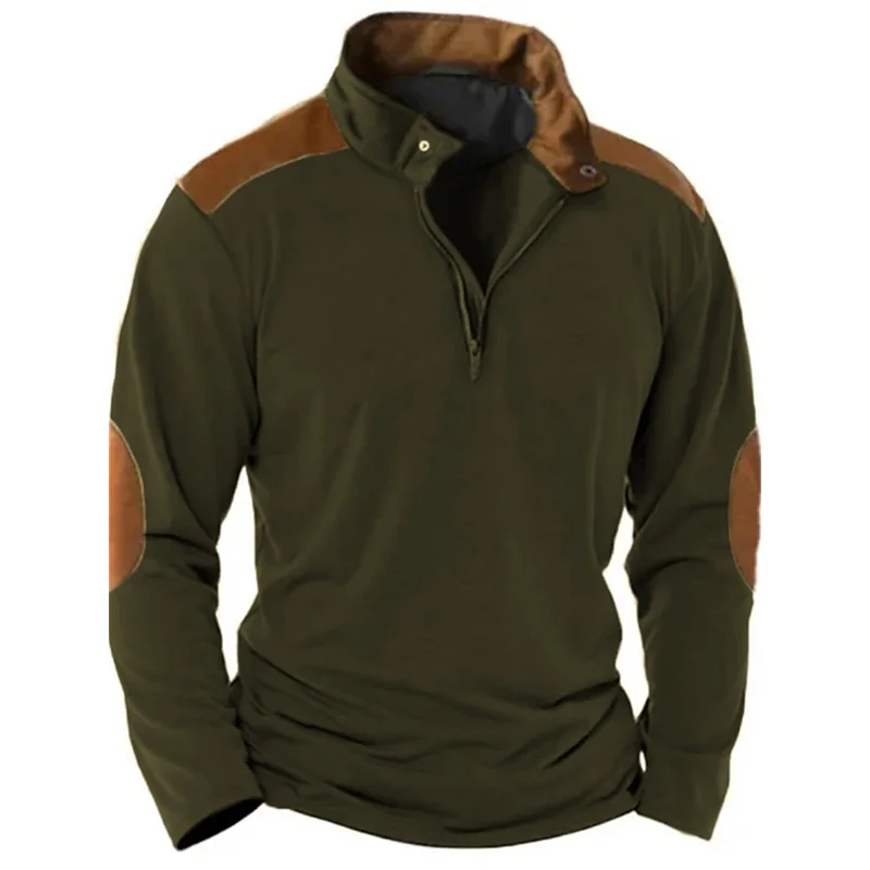 

Man Casual Long Sleeve Sweatshirt Fall Winter Mens Patchwork Pullover Top Men Clothing Retro Stand Collar Zipper Threaded Hooded
