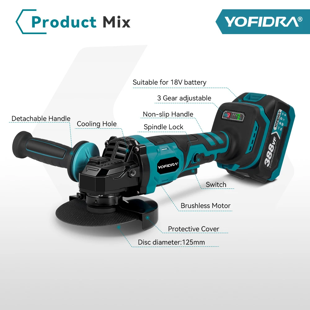 Angle grinder 125mm brushless 3 gear grinding machine polishing cutting woodworking tool for Makita 18V battery pin