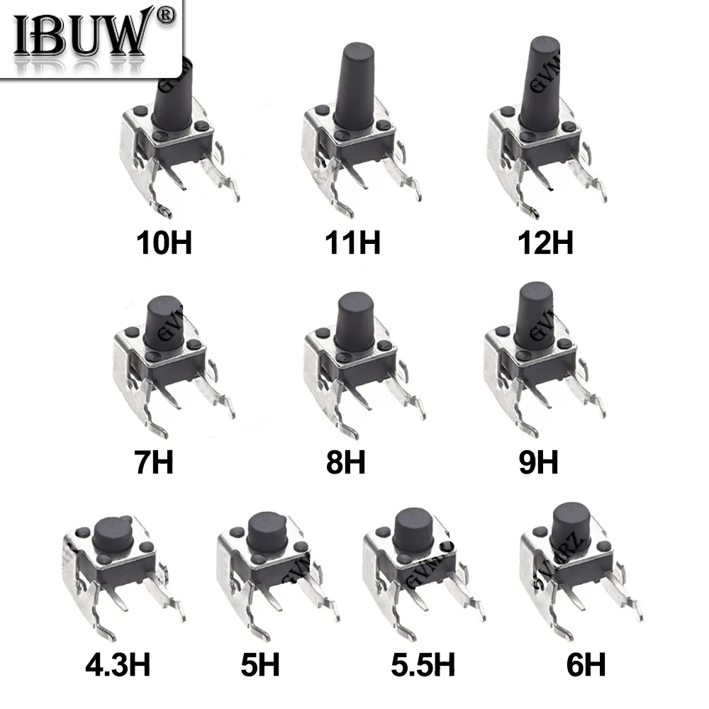 20PCS 6*6*4.3/4.5 4P 4핀 셀프 리셋 스위치 직각 스텐트 포함 5/6/7/7.5/8/9/10mm 6x6 PCB 순간 택트 푸시 버튼