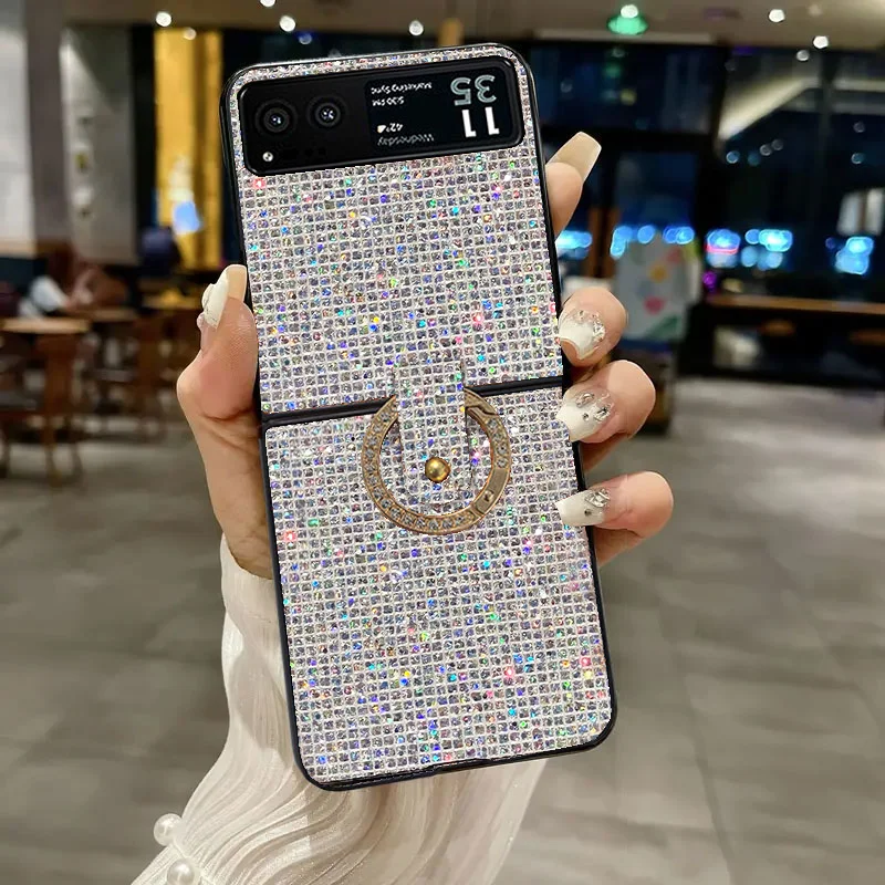 Luxury Bling Lattice Pattern Rhinestone Ring Grip Phone Case - Fashion Glitter Shell