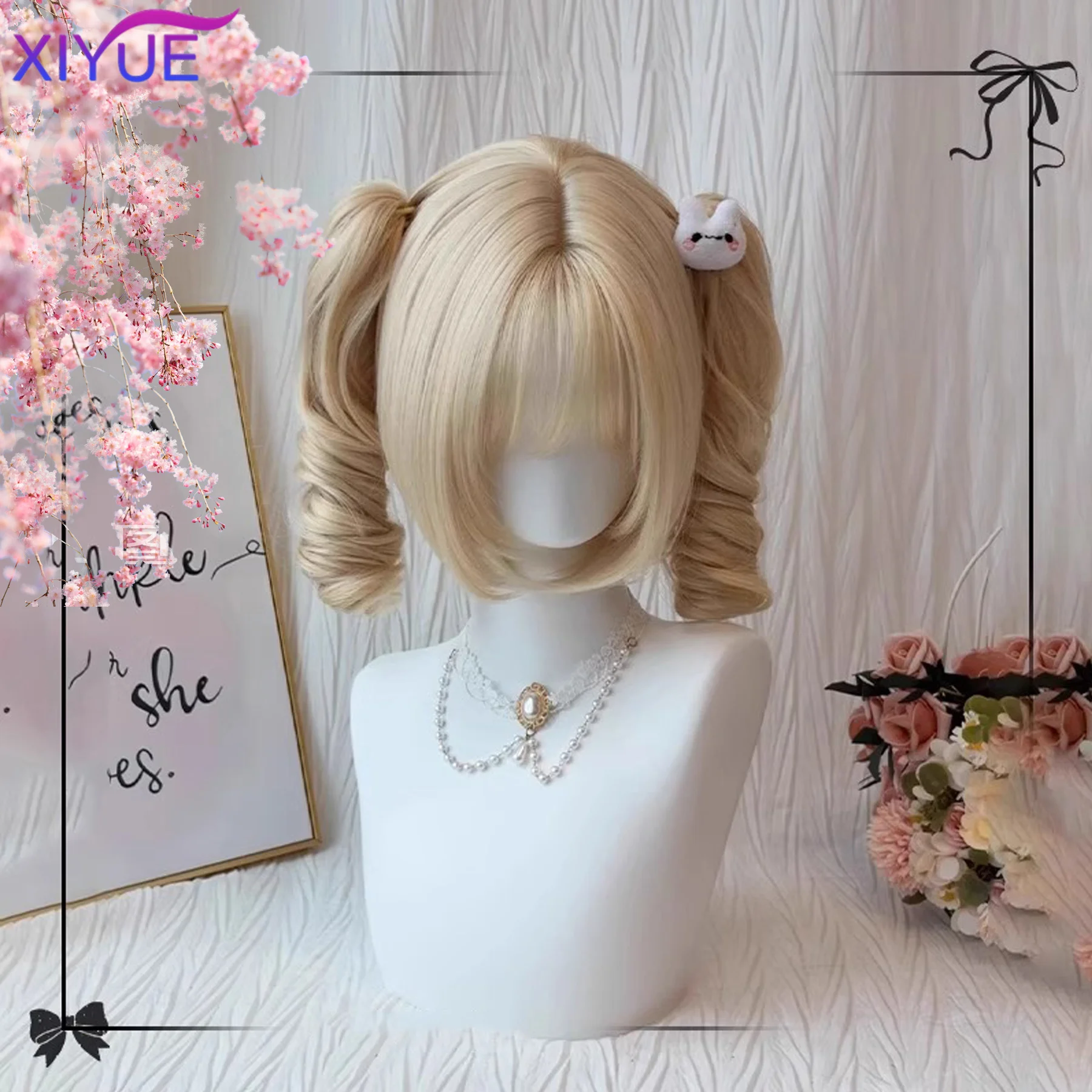 Long Curly Twin Ponytails Synthetic Wig Bangs Cosplay Lolita Party Chic Girls Princess Blonde Short Heat Resistant Hair byWTB HA
