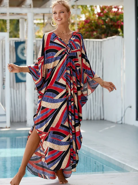 Sexy Rayon V Neck Kaftan Dress For Women Beach Cover-up Loose