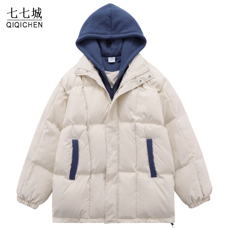 

Mens Hooded Jacket Parka Streetwear Patchwork Harajuku Padded Jacket 2022 Winter Cotton Windbreaker Warm Ourwear Thick White