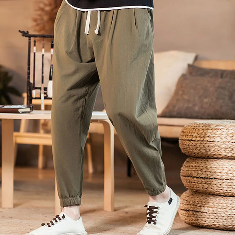 Mens Cotton Linen Summer Pants Elastic Waist Wide Leg