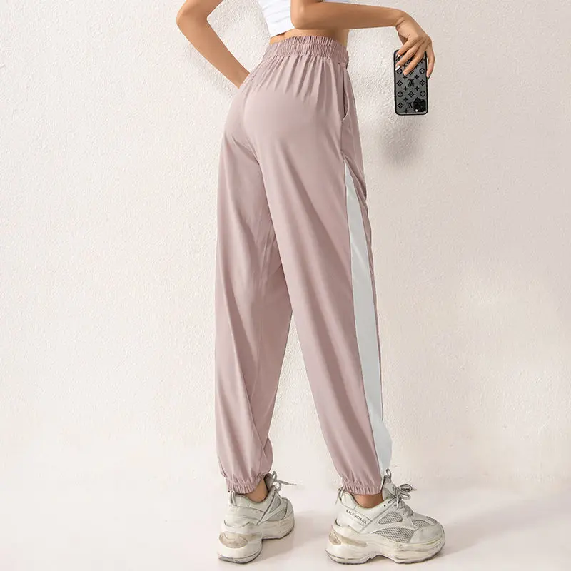 Color Matching Sports Pants Women Training Quick Dry Outdoor Running Fashion Casual Loose Elastic High Waist Lace Up Trousers