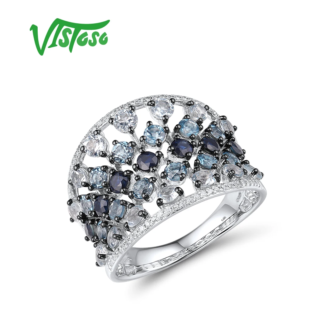 

VISTOSO Pure 14K 585 White Gold Rings For Women Sparkling Diamond Blue Sapphire Topaz Ombre Luxury Wedding Gift Fine Jewelry