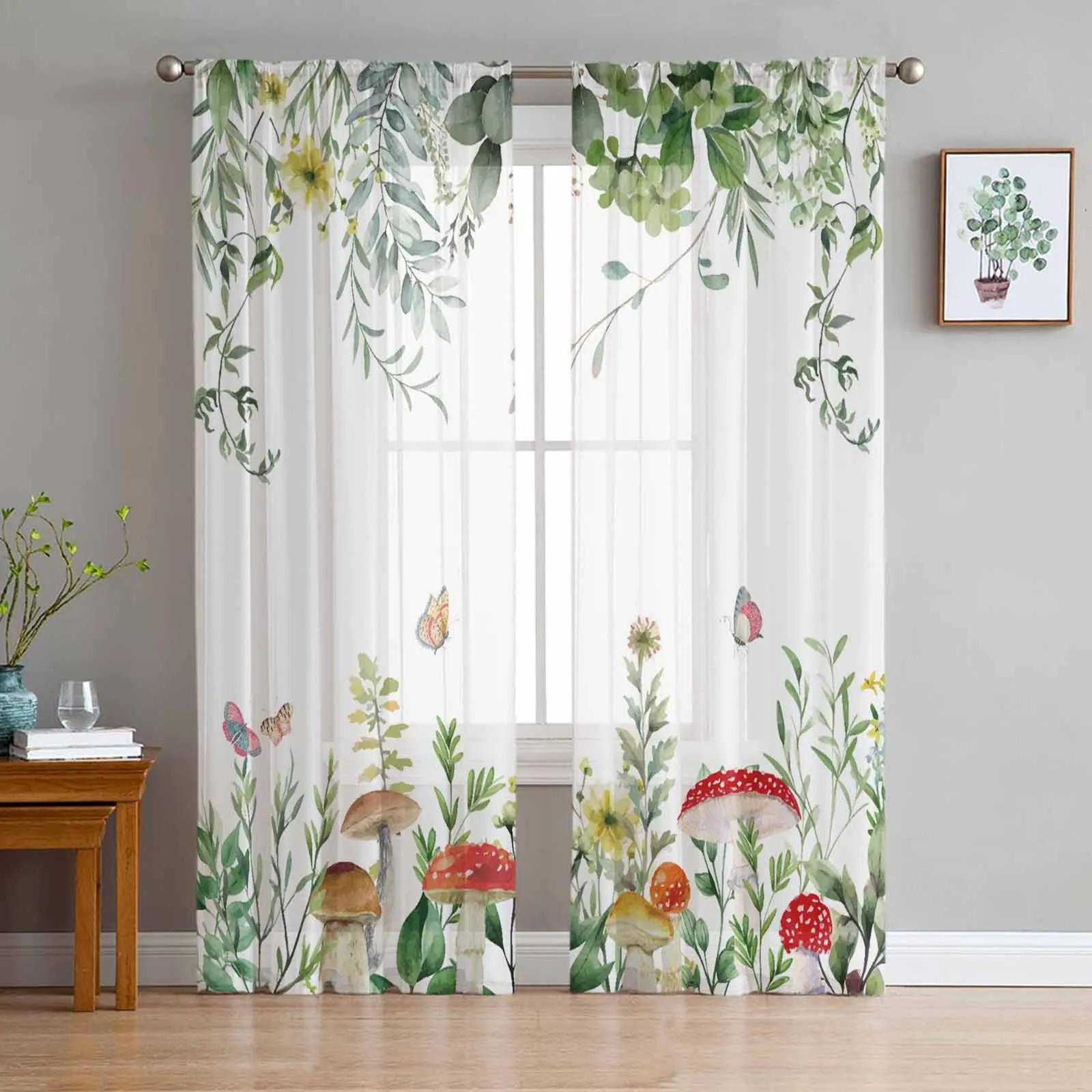 

Watercolor Plant Mushroom Butterfly Leaves Tulle Voile Curtains for Bedroom Living Room Window Curtain Sheer Organza Drapes