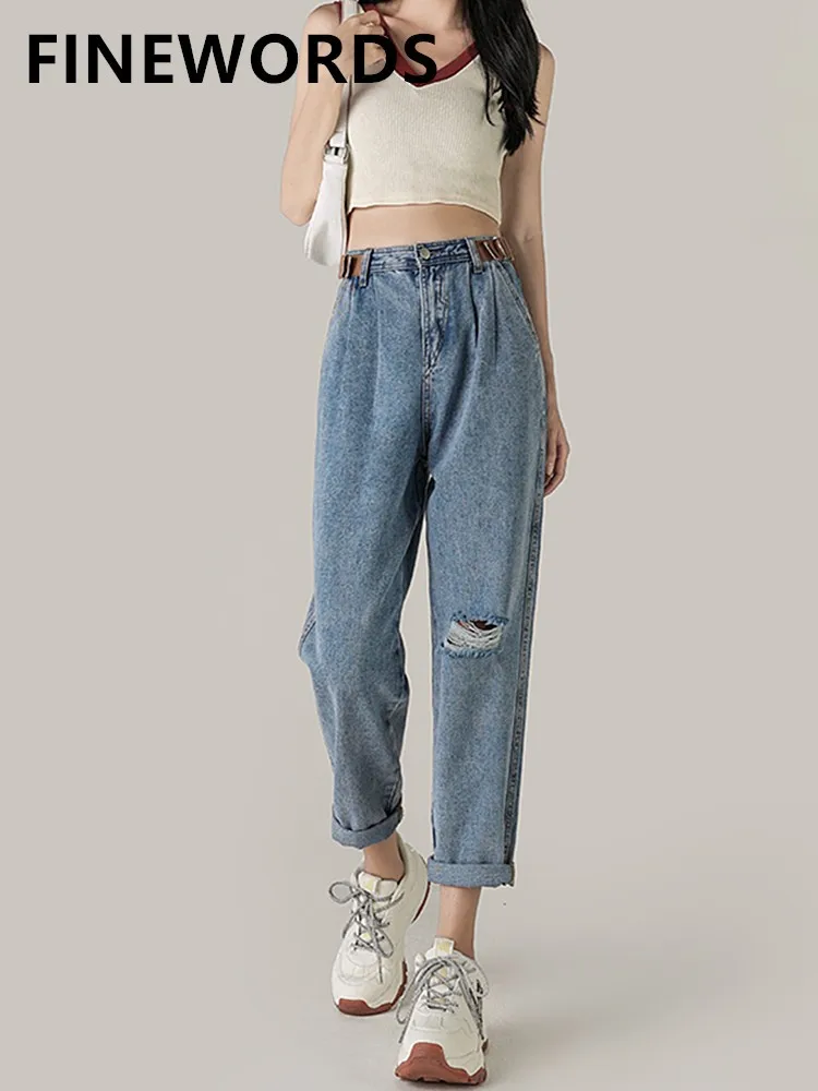 

FINEWORDS Vintage Washed Ripped Hole Harem Jeans Women Casual High Waist Korean Boyfriend Jeans Streetwear Cuff Loose Mom Jeans