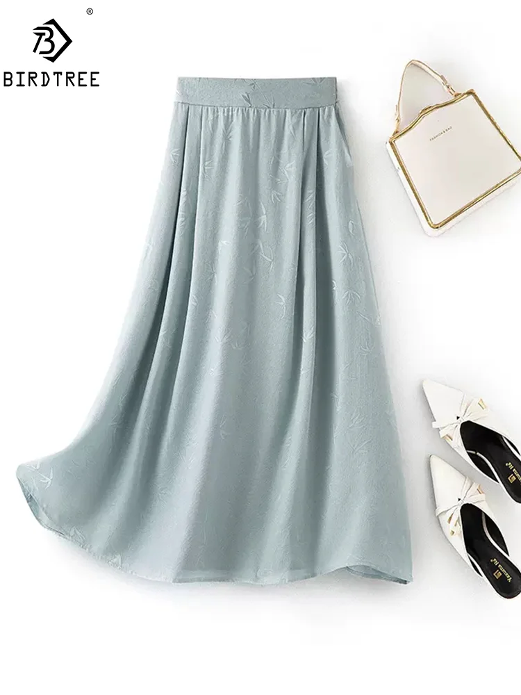 

BirdTree, 100%Real Silk Elegant Skirt For Women, High Waist Jacquard, Retro OL Commute A-Line Skirt, 2024 Summer New B446104QM