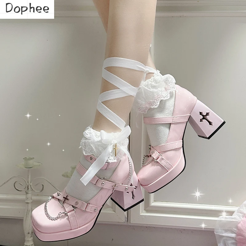 

Dophee Original Elegant Black Women's Leather Shoes Spice Girls Punk Pumps Dark Cross Y2K Subculture Lolita High Heels Shoes