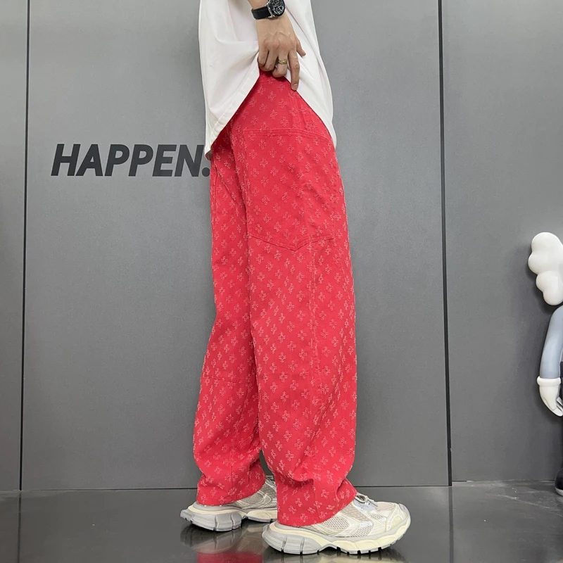 5 Color fashion high-end hip hop jeans men's high streetinsfashion printing street cool loose straight-leg wide-leg pants