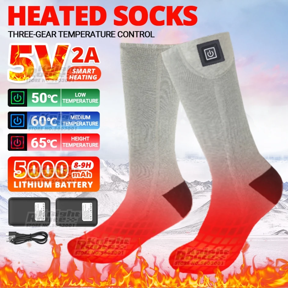 

5000mah Heated Socks Winter Warm Snowmobile Skiing Heated Socks Rechargeable Outdoor Sport Thermal Heated Foot Warmer Ski Sports